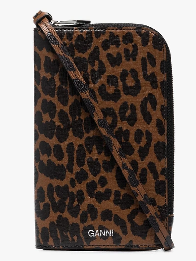 Shop Ganni Brown Leopard Print Clutch Bag