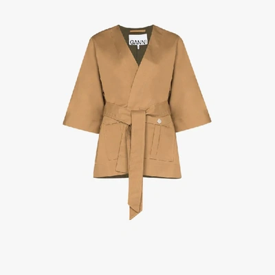 Shop Ganni Kimono Wrap Jacket In Brown