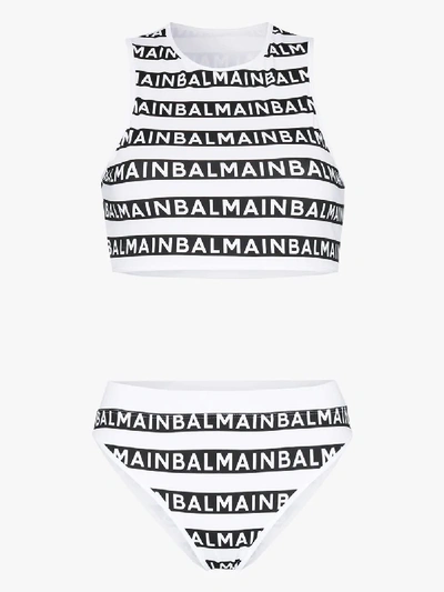 Shop Balmain Logo Stripe Bikini In Black