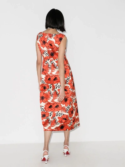 Shop Gucci Floral Print Silk Midi Dress In Orange
