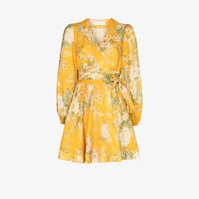 Shop Zimmermann Amelie Floral Print Linen Mini Dress In Yellow