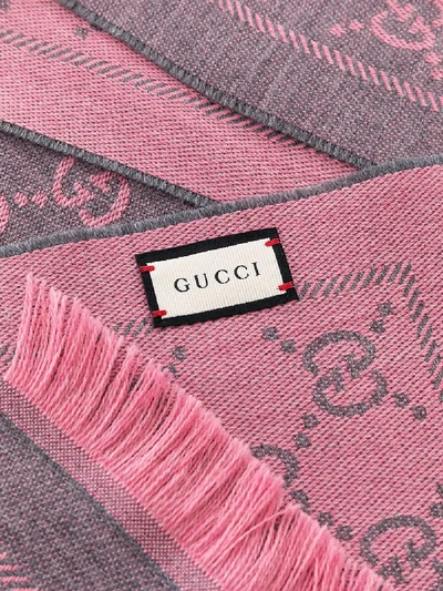 Shop Gucci Pink And Grey Sten Monogram Wool Scarf