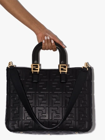 Shop Fendi Embossed Ff Medium Leather Tote Bag In Black
