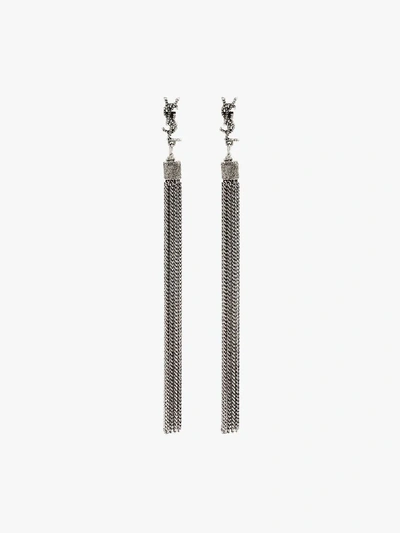 Shop Saint Laurent Silver-tone Chain Drop Logo Earrings In Metallic