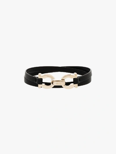 Shop Ferragamo Black Gancini Leather Wrap Bracelet