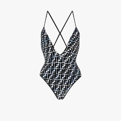 Shop Fendi Ff Print V-neck Swimsuit In Blue