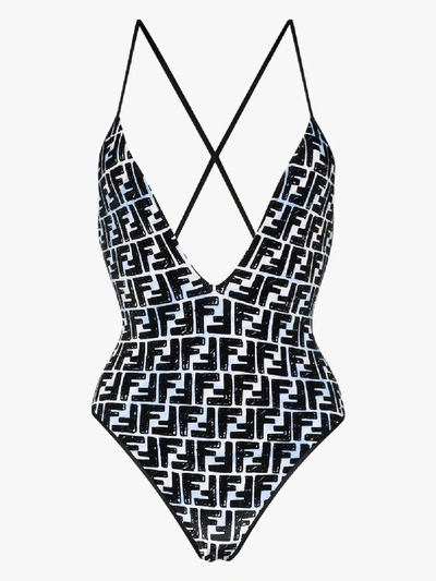 Shop Fendi Ff Print V-neck Swimsuit In Blue