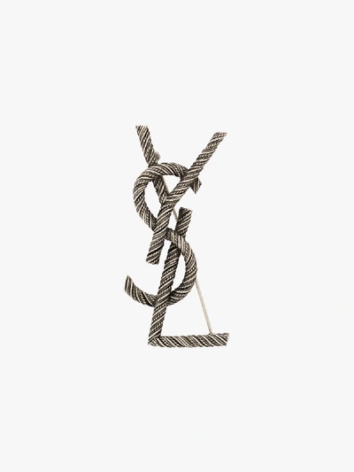 Shop Saint Laurent Silver Tone Opyum Monogram Brooch