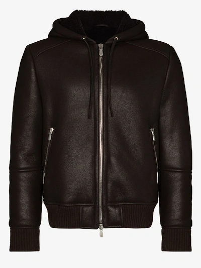 Shop Eleventy Hooded Shearling Leather Jacket In Brown
