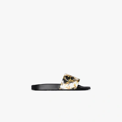 Shop Versace Black, White And Yellow Baroque Print Sandals