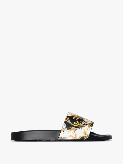 Shop Versace Black, White And Yellow Baroque Print Sandals