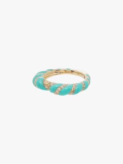 Shop Yvonne Léon 9k Yellow Gold Striped Enamel Diamond Ring In Blue