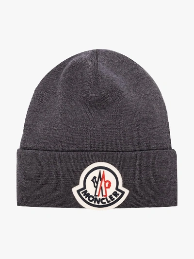 Shop Moncler Grey Logo Patch Virgin Wool Beanie Hat