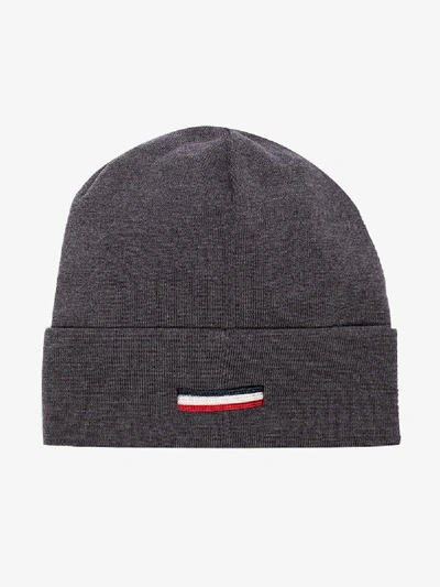 Shop Moncler Grey Logo Patch Virgin Wool Beanie Hat