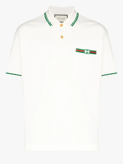 Shop Gucci Web Stripe Cotton Polo Shirt In White