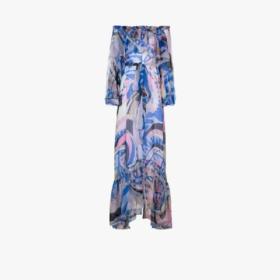 Shop Emilio Pucci Blue Wally Print Ruffled Silk Gown