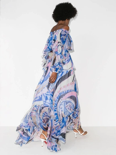 Shop Emilio Pucci Blue Wally Print Ruffled Silk Gown