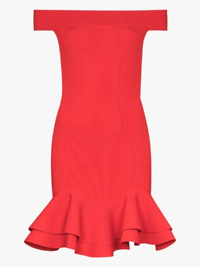 Shop Alexander Mcqueen Off-the-shoulder Ruffle Trim Cocktail Dress In Red