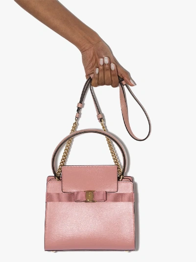 Shop Ferragamo Pink Vara Top Handle Leather Mini Bag