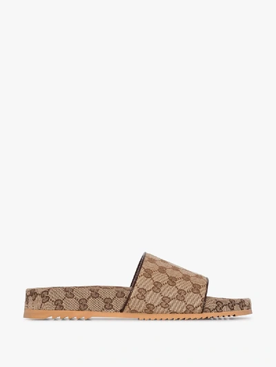 Gucci Beige Canvas Gg Slide Sandals In Brown | ModeSens