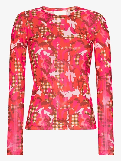 Shop Molly Goddard Freddie Camo Gingham Print Mesh Top In Pink