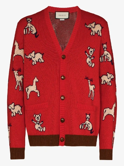 Shop Gucci 'hawaii' Cardigan Mit Tiermuster In Rot