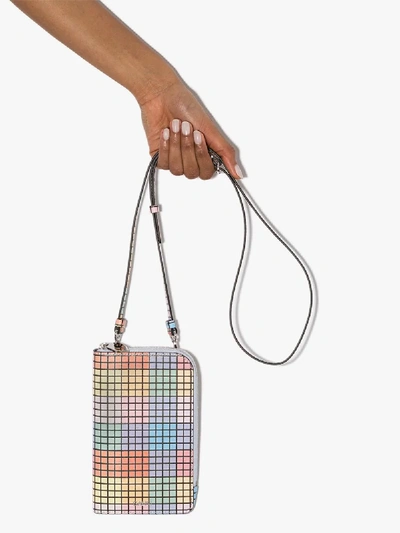 Shop Ganni Multicoloured Grid Zip-around Clutch Bag In Blue