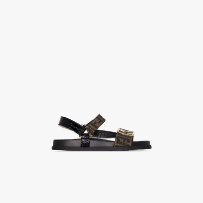Shop Fendi Brown Trek Leather Logo Sandals