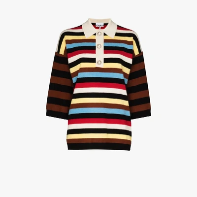 Shop Ganni Striped Cashmere Polo Shirt In White