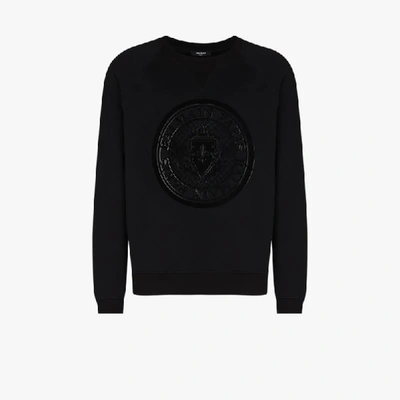 Shop Balmain 3d Flock Coin Logo Cotton Sweatshirt In Black