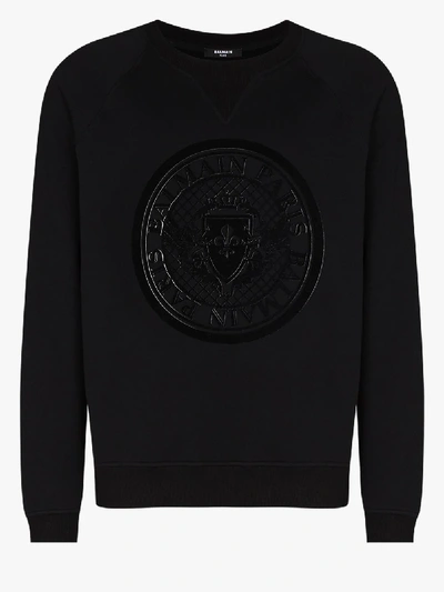 Shop Balmain 3d Flock Coin Logo Cotton Sweatshirt In Black