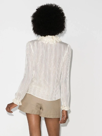 Shop Saint Laurent Ruffled High Neck Striped Blouse - Women's - Silk/metallic Fibre In Neutrals
