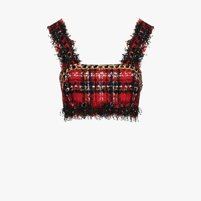 Shop Balmain Tartan-pattern Tweed Sleeveless Top In Red