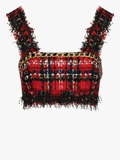 Shop Balmain Tartan-pattern Tweed Sleeveless Top In Red