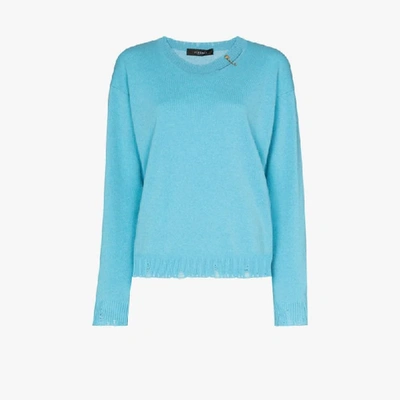 Shop Versace Blue Safety Pin Distressed Cashmere Wool Sweater