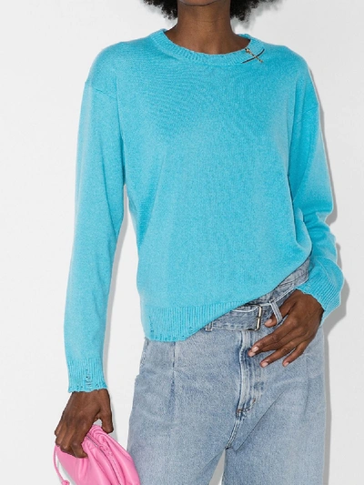 Shop Versace Blue Safety Pin Distressed Cashmere Wool Sweater
