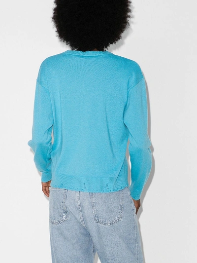 Shop Versace Blue Safety Pin Distressed Cashmere Wool Sweater