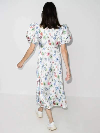 Shop Silvia Tcherassi Leaf Print Puff Sleeve Silk Dress In White