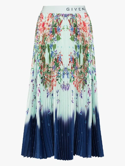 Shop Givenchy High Waist Pleated Floral Midi Skirt In Blue