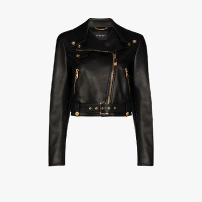 Shop Versace Cropped Leather Biker Jacket In Black