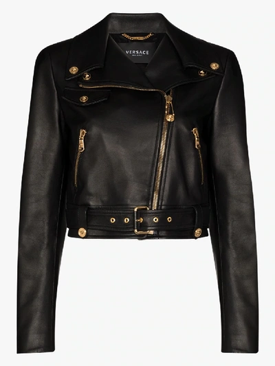 Shop Versace Cropped Leather Biker Jacket In Black