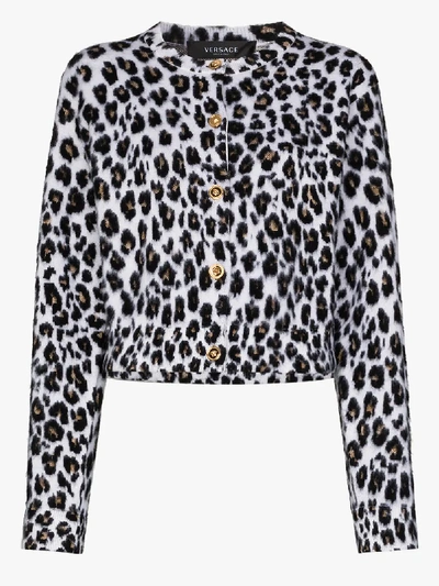 Shop Versace Leopard Print Knitted Cardigan In Black