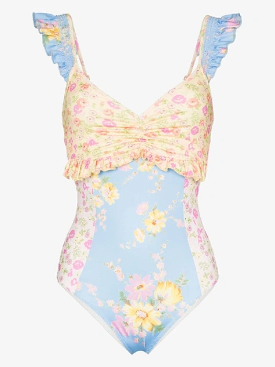 Shop Loveshackfancy Verena Floral Print Ruffled Swimsuit In Blue