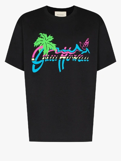 Shop Gucci Hawaii Logo Print T-shirt In Black