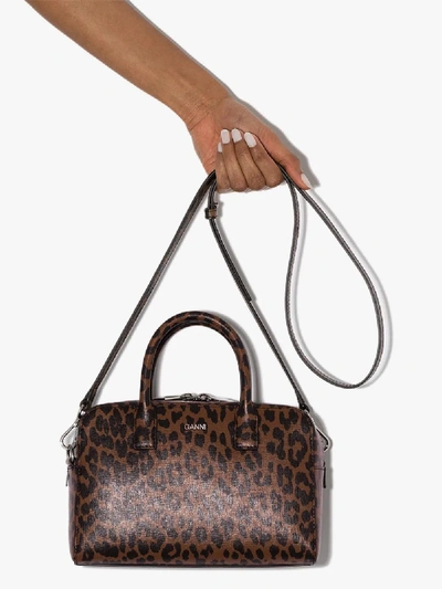 Shop Ganni Brown Leopard Print Leather Top Handle Bag