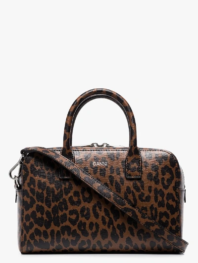 Shop Ganni Brown Leopard Print Leather Top Handle Bag