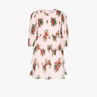 Shop Ganni Floral Print Tiered Mini Dress In Pink