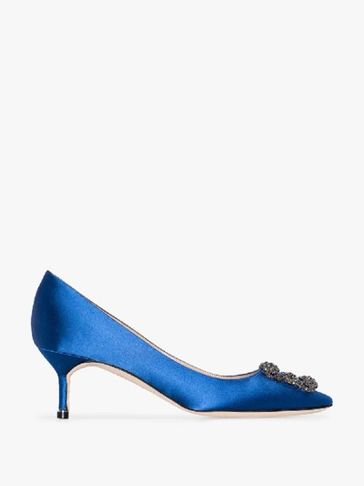 Shop Manolo Blahnik Blue Hangisi 50 Satin Pumps