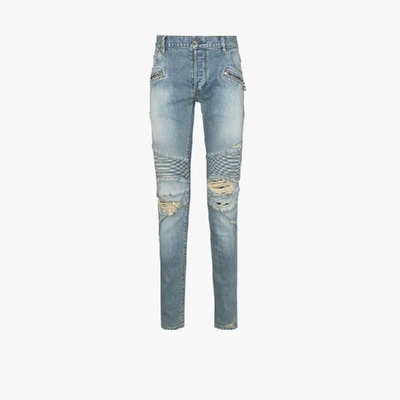 Shop Balmain Distressed Ribbed Slim Jeans In Blue