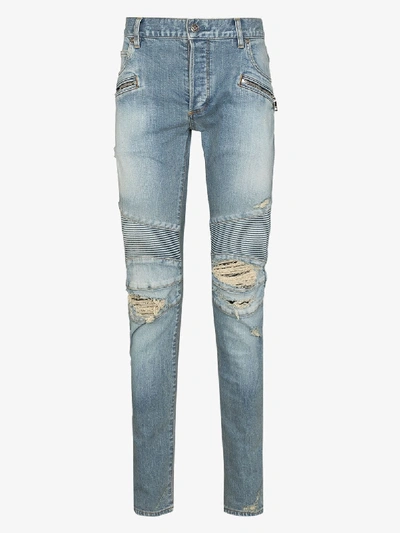 Shop Balmain Distressed Ribbed Slim Jeans In Blue